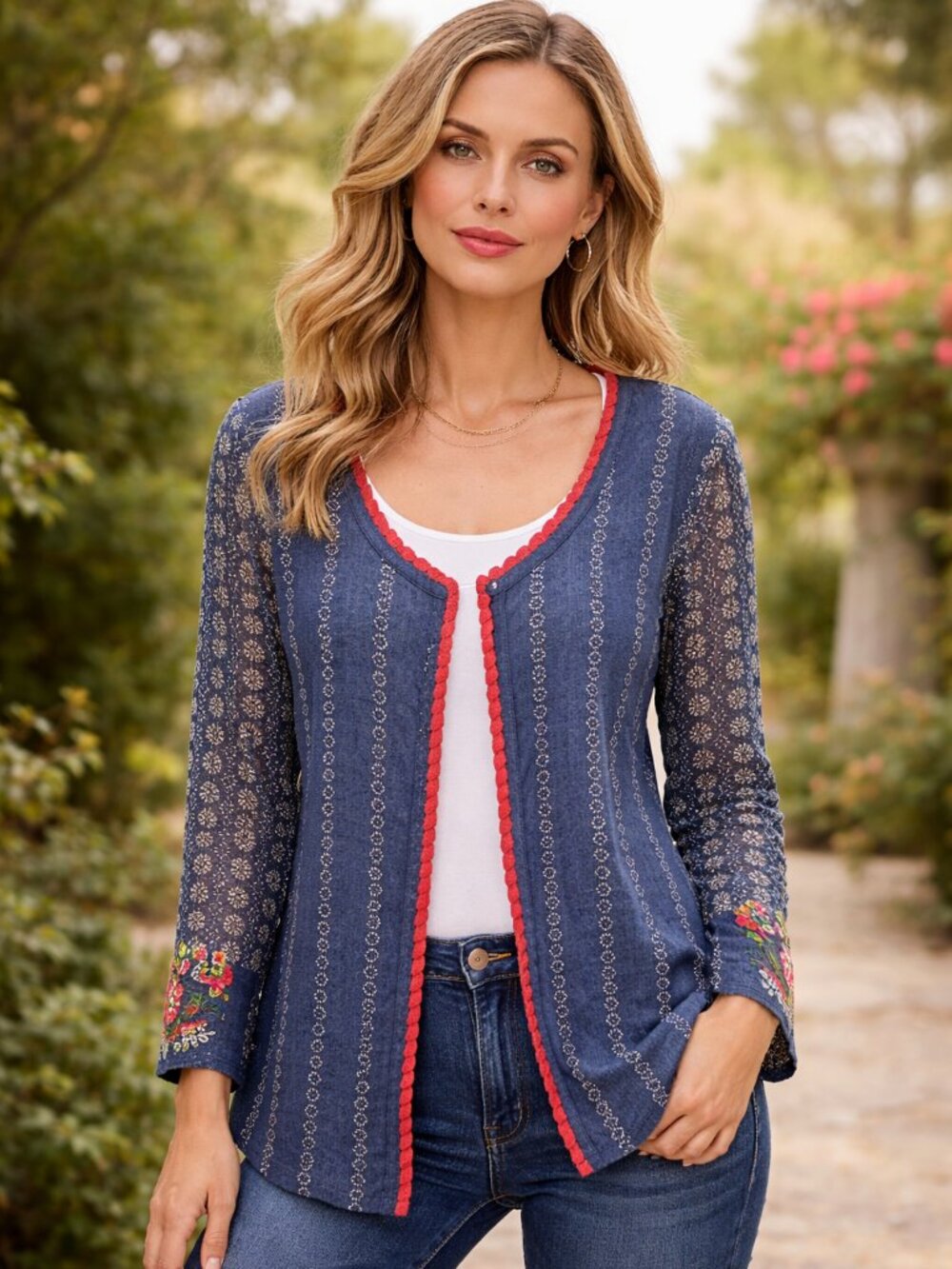 April Cornell Women Blue Cotton Artsy Floral Embroidered Nordic Cardigan